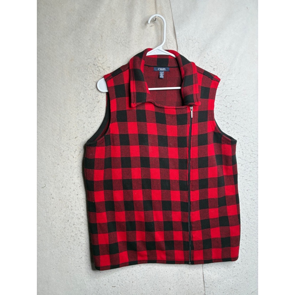 Chaps Womens Red Black Buffalo Plaid Asymmetrical Side Zip Sweater Vest 1X